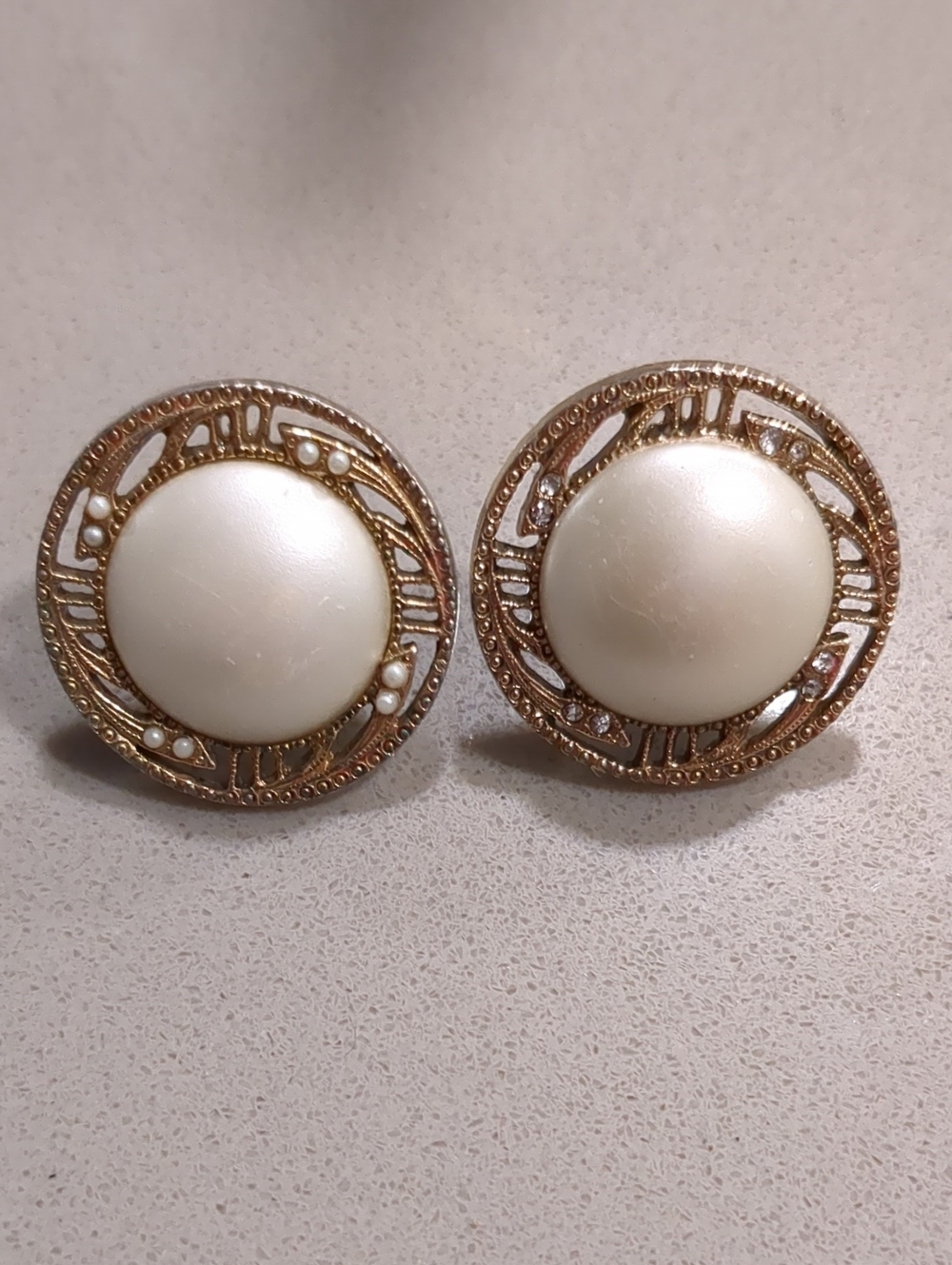 Vintage 60s Large Round Pearl Earrings Gold Filagree Border Hollywood Glam